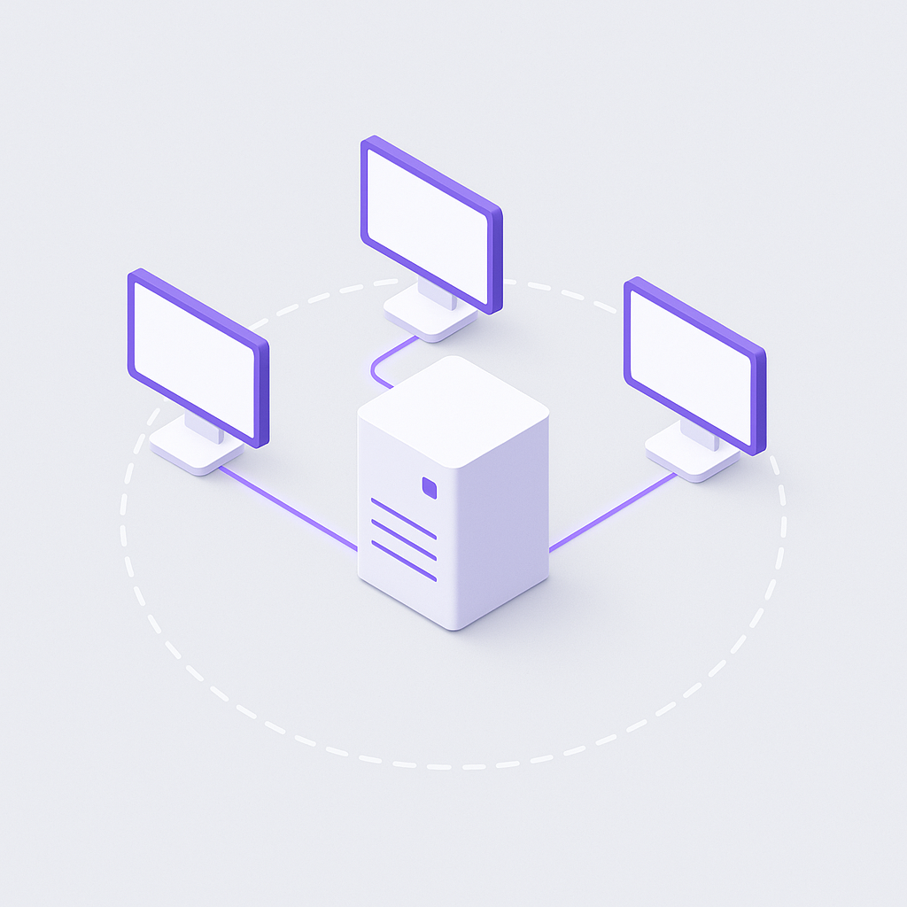 On-premise server deployment: a server rack connected to multiple workstations on a local network