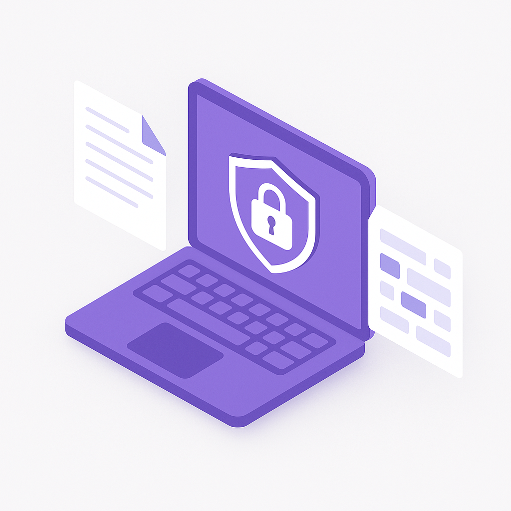 Standalone desktop deployment: a laptop processing documents with a shield icon representing offline privacy