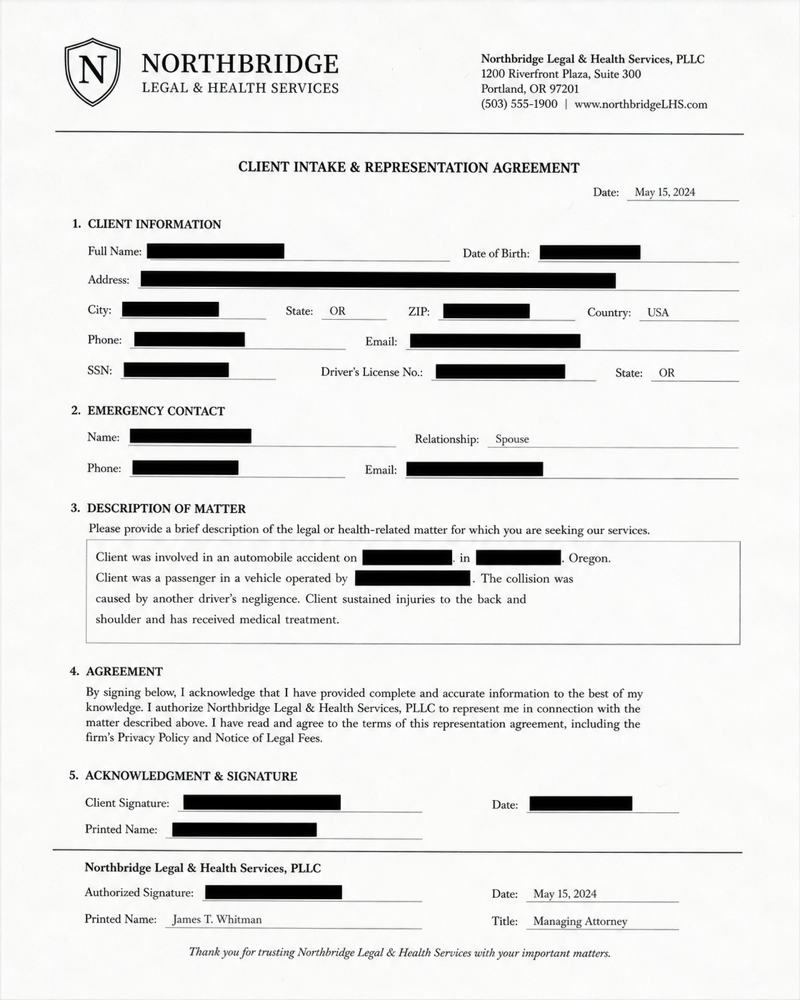 Legal document with sensitive information redacted using black bars over names, addresses, SSN, and dates