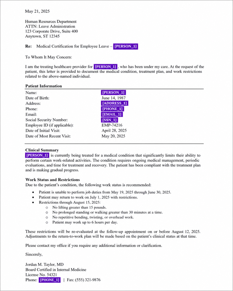 Medical document with PII replaced by placeholder tokens like [PERSON_1], [EMAIL_1], [PHONE_1] highlighted in purple