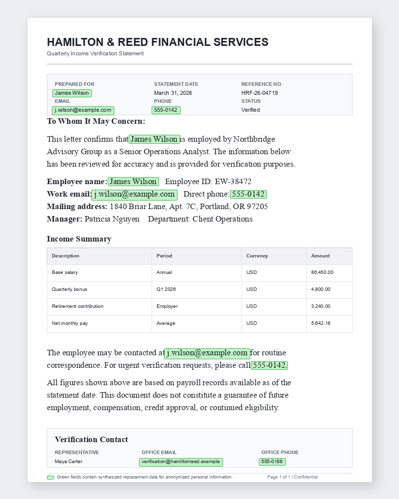 Financial document with synthetic fake data highlighted in green replacing original personal information