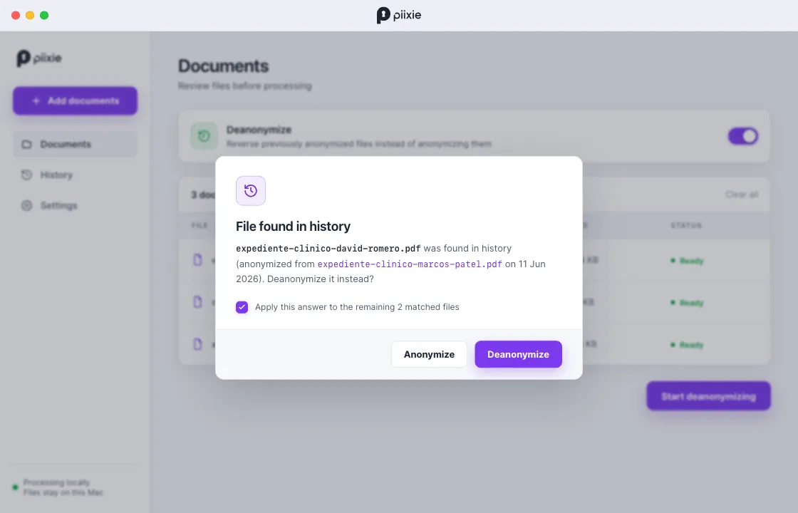 Piixie offering to deanonymize a file it recognizes from history