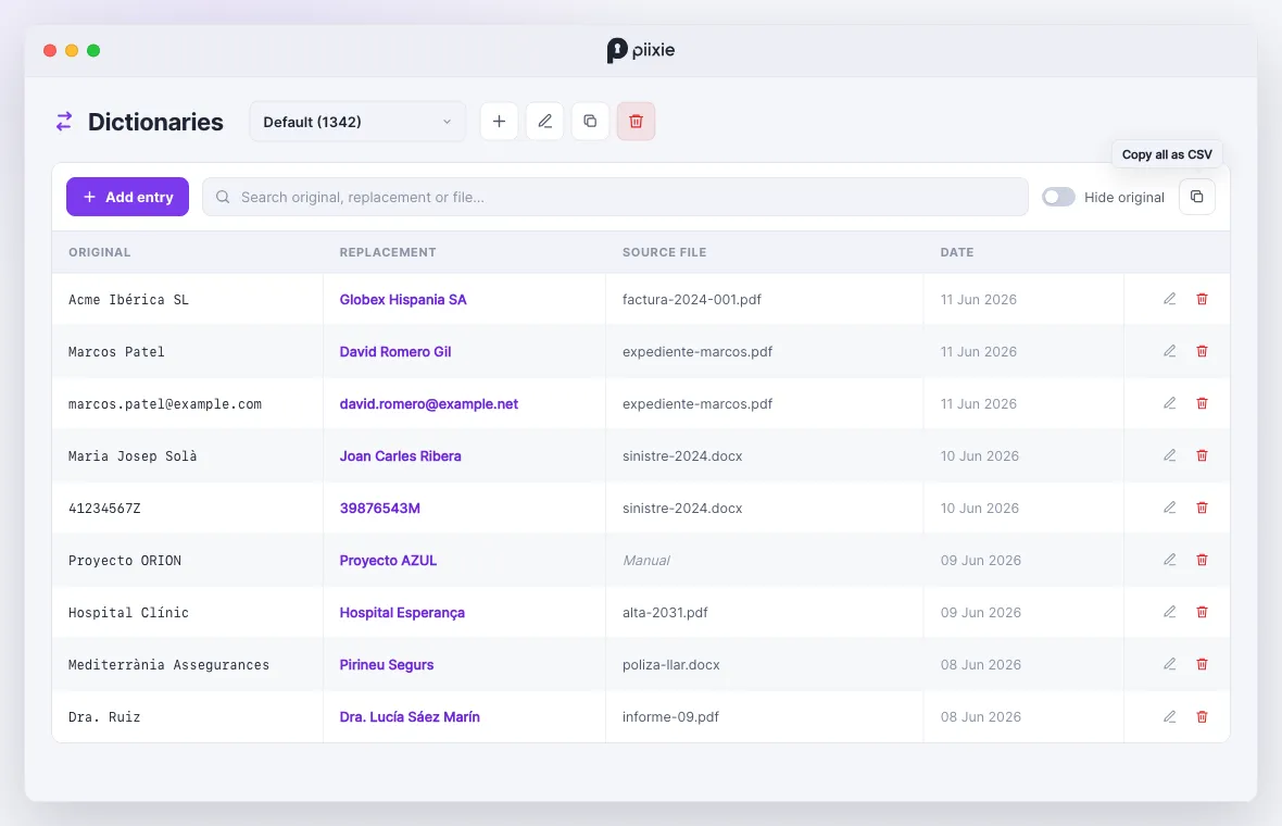 The dictionary manager: original, replacement, source file, and date for each entry