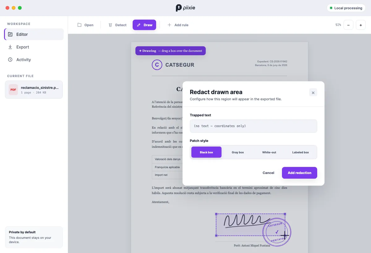 Drawing a redaction box over a signature, with the patch-style dialog